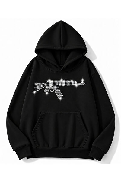 MOONBULL Erkek Tüfek Taş Baskılı 3 İplik Kışlık Kapüşonlu Kanguru Cepli Oversize Sweatshirt