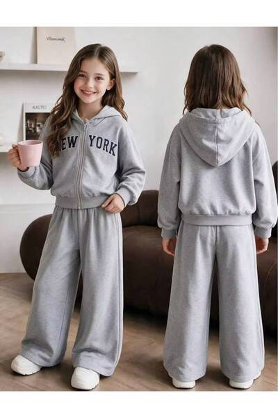 trendyears Kız Çocuk Gri New York Baskılı Fermuarlı Sweatshirt-Gri Bol Paça Eşofman Altı Takım