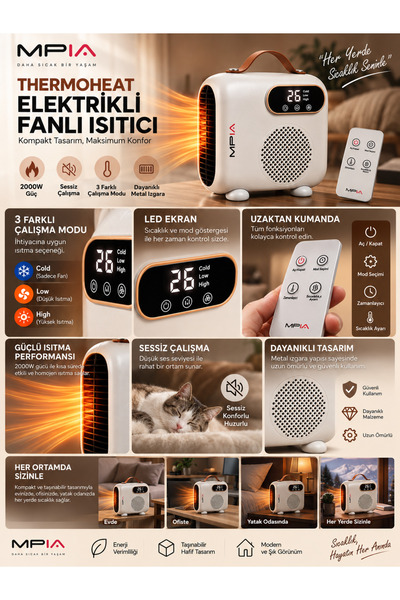 MPIA Thermoheat 2000W Uzaktan Kumandalı Elektrikli Fanlı Isıtıcı – 25 m² Etkili Portatif Masaüstü Sessiz Çalışan Isıtıcı