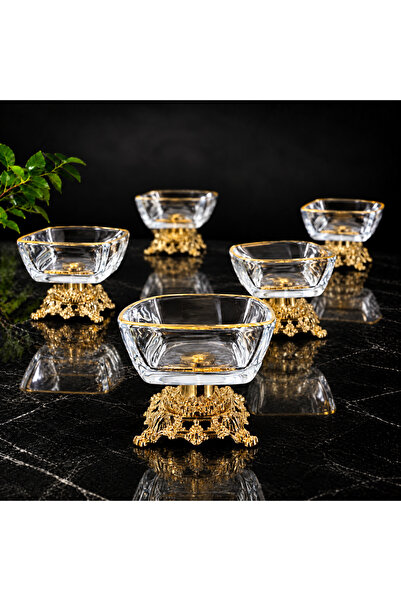 Elta Collection Gold Detaylı Cam Dekoratif Sunumluk | Gold Ayaklı Lüks Şekerl...