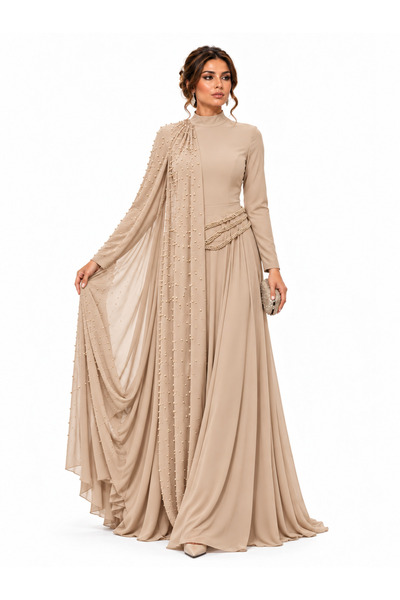 Lovely Dress Kadın Tesettür Abiye Elbise 6070 İnci Taş Detaylı Şık Uzun Elbis...