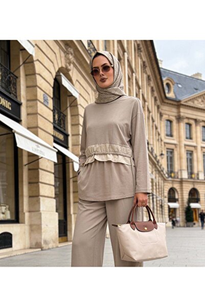 Aselim Hijap Moda Rovena Garnili Snap Detailed Modal Hijab Sports Set - Beige
