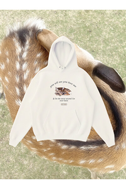 WHITE OF CREATIVE Kadın Geyik Fawn Baskılı Oversize Hoodie 3 İplik Kapüşonlu ...