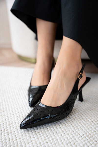 LAMİNTA Punch Laser Cut Women's Heeled Shoes - Black Shiny