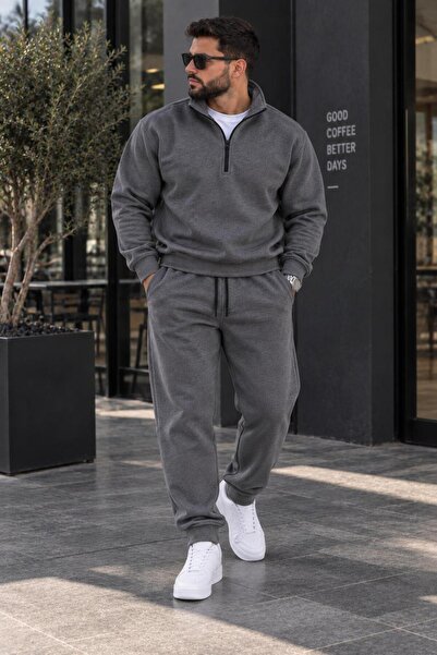 LUPERCUS Erkek Füme Alt Üst Takımı Fermuarlı Sweatshirt