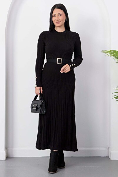 PULLIMM Crew Neck Pleated Skirt Belted Knitwear Dress Pl4075