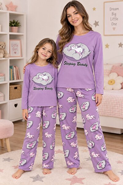 Maviş Kids Kız Çocuk Ve Anne İçin De Uygun Mor Kedi Desenli Uzun Kollu Mevsim...