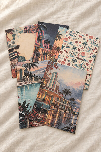 Sahil Geceleri A5 Scrapbook Kağıdı 6’lı Set Retro Palmiye Desenli