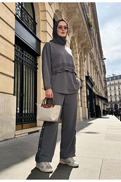Aselim Hijap Moda Rovena Garnili Snap Detailed Modal Hijab Sports Set - Gray