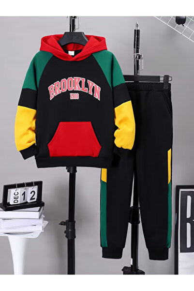 Machetta Çocuk Brooklyn Baskılı Kapüşonlu Renk Bloklu Sweatshirt Eşofman Altı 2’li Takım