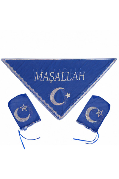 Renk İthalat Maşallah Kına Omuz Örtüsü Mavi Eldivenli Set Damat Uğurlama Düğü...