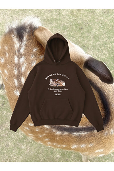 WHITE OF CREATIVE Kadın Geyik Fawn Baskılı Oversize Hoodie 3 İplik Kapüşonlu ...
