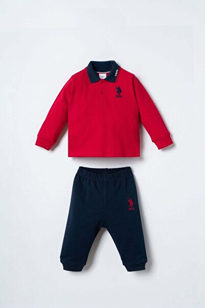 U.S. Polo Assn. U.S. Polo Assn Baby Boy Long Sleeve Polo Collar 2-Piece Set Red