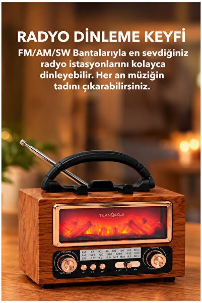 Teknoloji Gelsin Şömine Görünümlü Nostaljik Retro Radyo - Bluetooth & USB Destekli NS-901BT