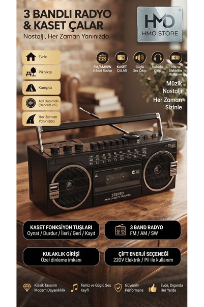 Klasik Tasarım Nostalji Serisi FM/AM/SW Radyo ve Kaset Çalar - Evde, Kampta, Dışarıda Her Zaman Yanınızda