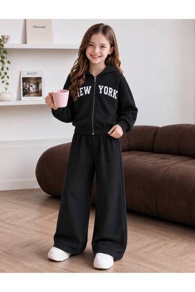 trendyears Kız Çocuk Siyah New York Baskılı Fermuarlı Sweatshirt-Siyah Bol Paça Eşofman Altı Takım