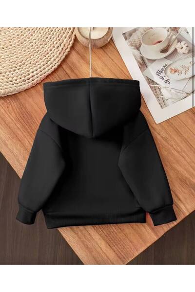 trendyears Kız Çocuk Siyah Kapşonlu Minik Kurdele Baskılı Şardonlu Sweatshirt
