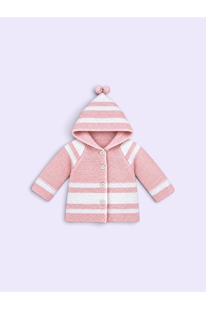 Appamio Kız Bebek Kapüşonlu Çizgili Triko Hırka – Pembe & Beyaz