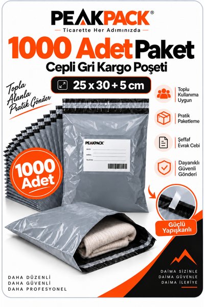 PEAKPACK Gray Cargo Bag with Pocket 25X30+5 cm 1000 Pieces Self-Adhesive Shipping Bag