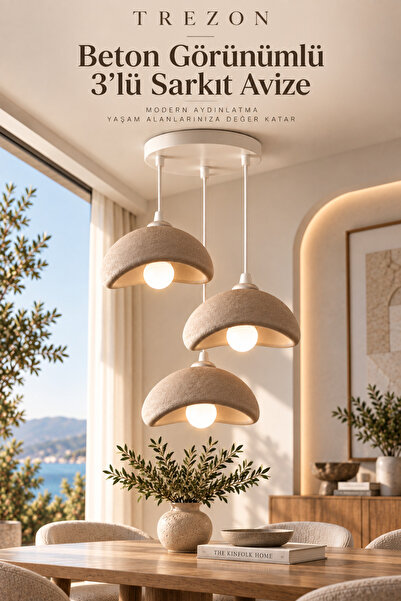 Trezon Sütlü Kahve 3’lü Sarkıt Avize Modern Bohem Minimalist Dekoratif Beton ...
