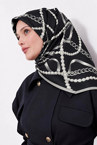 Lesscarves LS2208 Desenli Pamuk İpek Eşarp 90x90 cm 04-Siyah-Gri