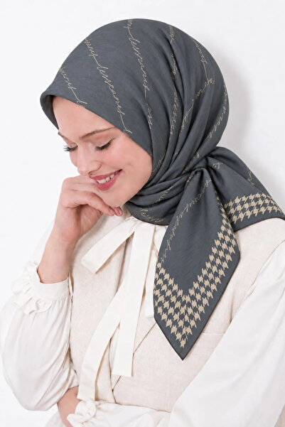 Lesscarves LS2210 Desenli Pamuk İpek Eşarp 90x90 cm 01-Füme-Krem