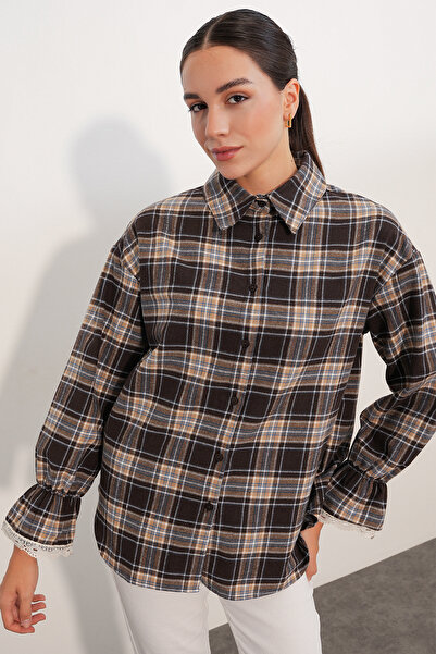 Modamorfo Women's Tulle Detailed Lumberjack Shirt 20410 - C. Brown
