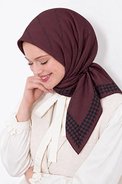 Lesscarves LS2210 Desenli Pamuk İpek Eşarp 90x90 cm 05-Bordo-Siyah