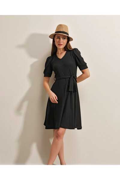 Modamorfo 2370 Belted Knitted Dress - Black