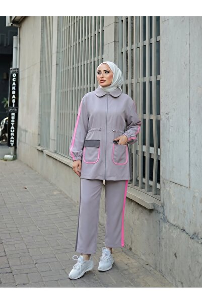 MİMİ Luxury Wear طقم بدلة رياضية للمحجبات مكون من قطعتين بسحاب باللون الرمادي