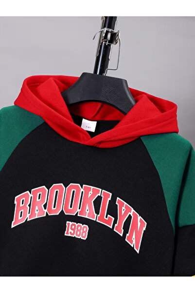 Machetta Çocuk Brooklyn Baskılı Kapüşonlu Renk Bloklu Sweatshirt Eşofman Altı 2’li Takım