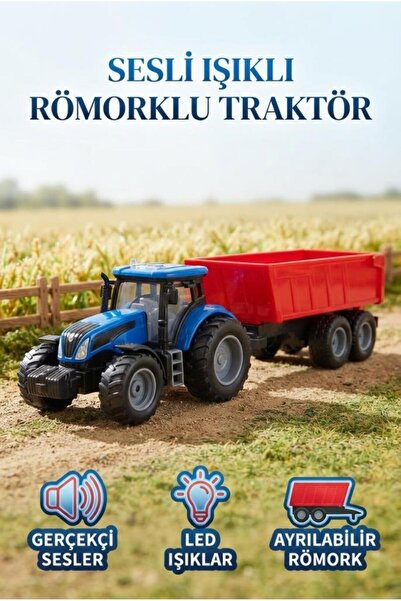 Tıfıl Toys Pilli Sesli ve Işıklı Römorklu 45 CM Mavi Traktör Eğitici ve Eğlenceli Oyuncak Traktör