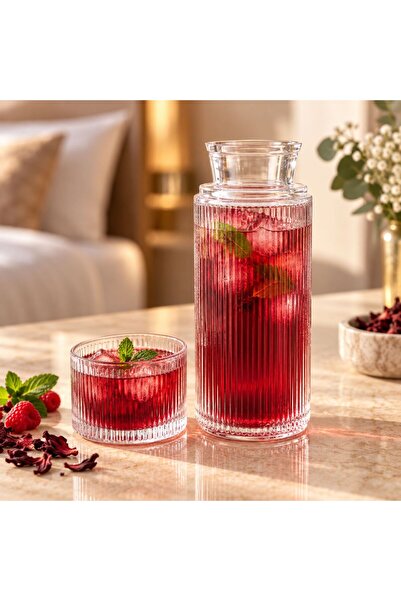 Le murano 700 ml El Yapımı Çizgili Cam Başucu Sürahisi ve Bardak Seti, Komodi...