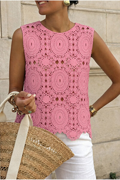 FEMELLE Pink Crochet Sleeveless Blouse