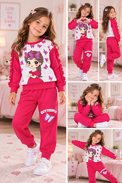 SERPİL Girl's Butterfly Printed 2-Piece Tracksuit Set