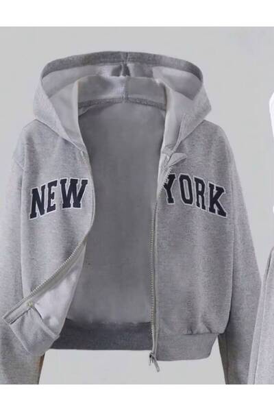 trendyears Kız Çocuk Gri New York Baskılı Fermuarlı Sweatshirt-Gri Bol Paça Eşofman Altı Takım