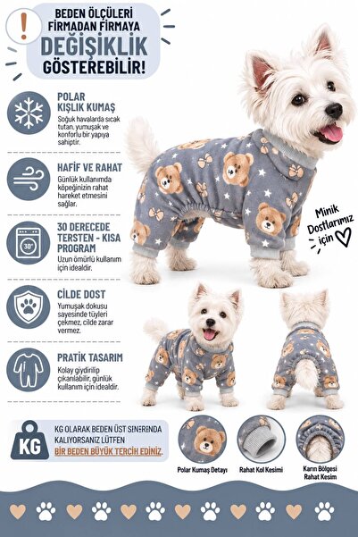 DOGİ&DOG Küçük Irk Gray Bear Star Köpek Kıyafeti Köpek Pijaması (1-10KG) Krea...