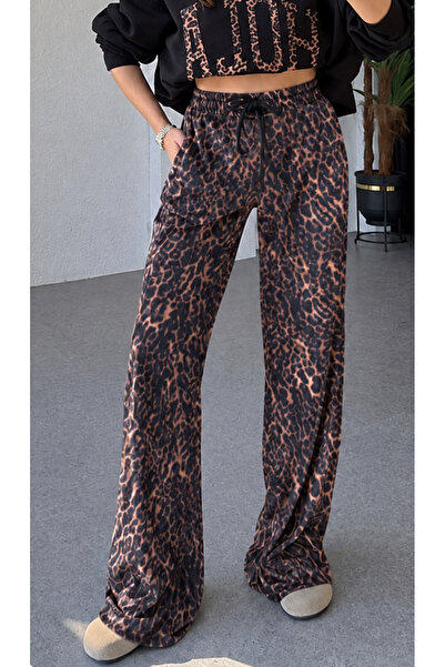 Perry Boutique Pantaloni Palazzo confortabili din catifea, cu imprimeu leopar...