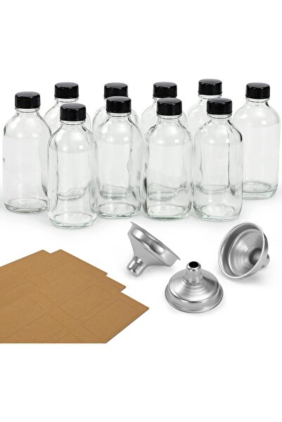 FUFU 10 Pack, 4 oz Small Clear Glass Bottles with Lids & 3 Stainless Steel Funnels - 120ml Boston Round Sample Bottles for Potion, Juice, Ginger Shots, Liquids,Oils