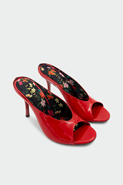LAMİNTA Lucky Floral Lined Women's Heeled Slippers - Red