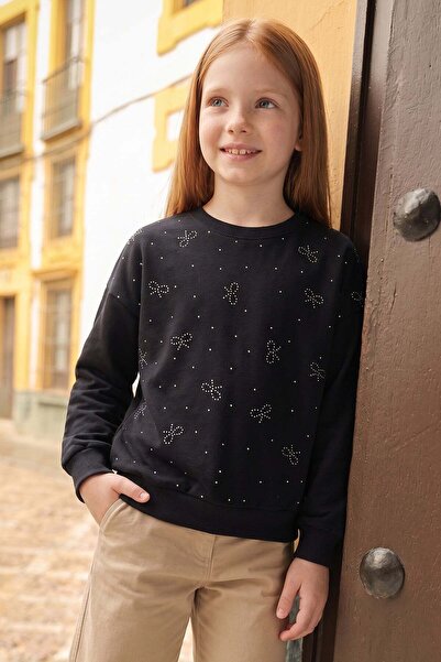 Fulla Moda Stoned Bow Patterned Crew Neck Casual Girls' Sweatshirt