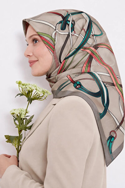 Lesscarves LS2209 Десениран памучно-копринен шал 90x90 см 12-Минк-Корал-Зелен