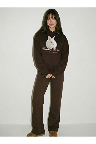 WHITE OF CREATIVE Kadın Bunnies Tavşan Baskılı Oversize Hoodie 3 İplik Kapüşo...