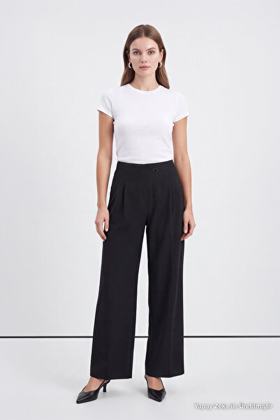 Zühre Buttoned Pleated Wide Leg Black Trousers 0286