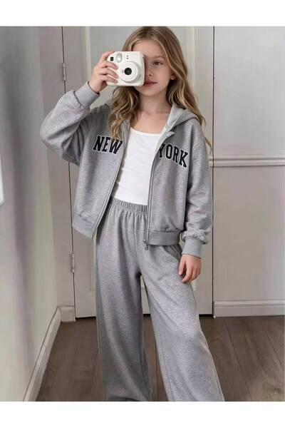trendyears Kız Çocuk Gri New York Baskılı Fermuarlı Sweatshirt-Gri Bol Paça Eşofman Altı Takım