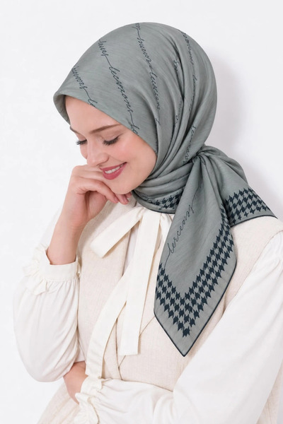 Lesscarves LS2210 Desenli Pamuk İpek Eşarp 90x90 cm 07-Gri-Siyah