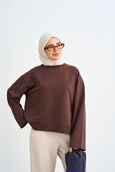 LOCCO Kadın Bisiklet Yaka Sweatshirt Kahverengi