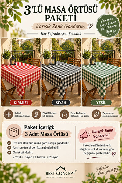 BEST CONCEPT 3'lü Ekose Sofra Örtüsü Bezi Piknik Örtüsü Çok Amaçlı Örtü 140x1...