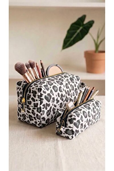 RONYA LEATHER Viral Leopard Pattern 2-Piece Makeup & Pen Holder Set