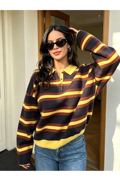 Lintersia Kadın Polo Yaka Çizgili Oversize Triko Kazak